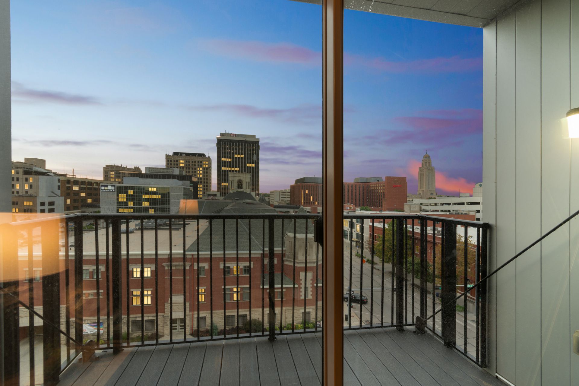 view of the city skyline from balcony