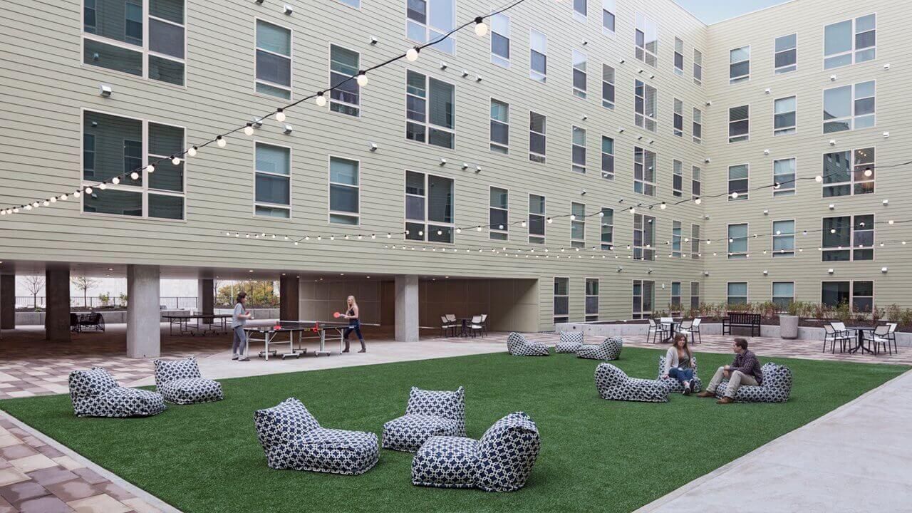 inner courtyard with ping-pong table and lounge area