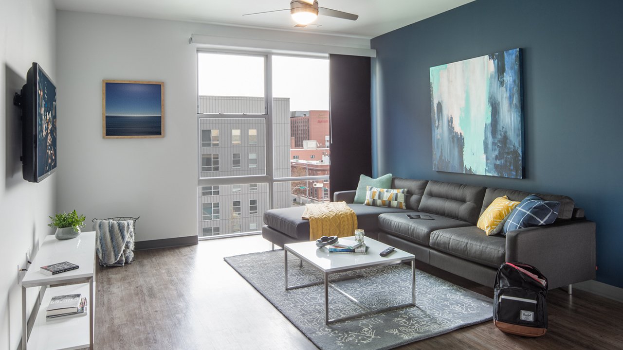 couch in living room with backpack next to it
