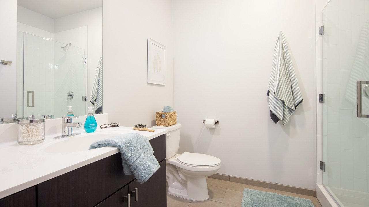 towel hanging in modern bathroom