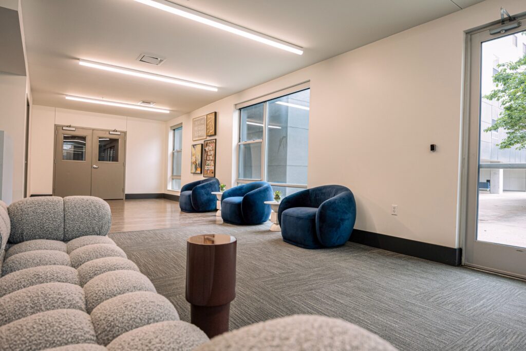 Sofa and armchairs in the business center at Latitude Lincoln