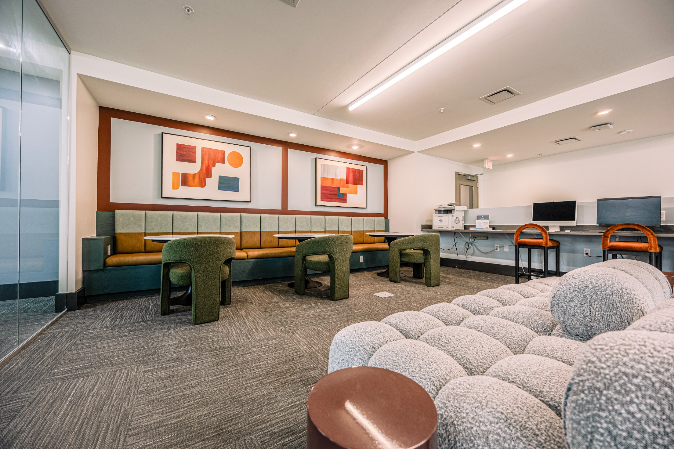 Business center with booth seating and printing