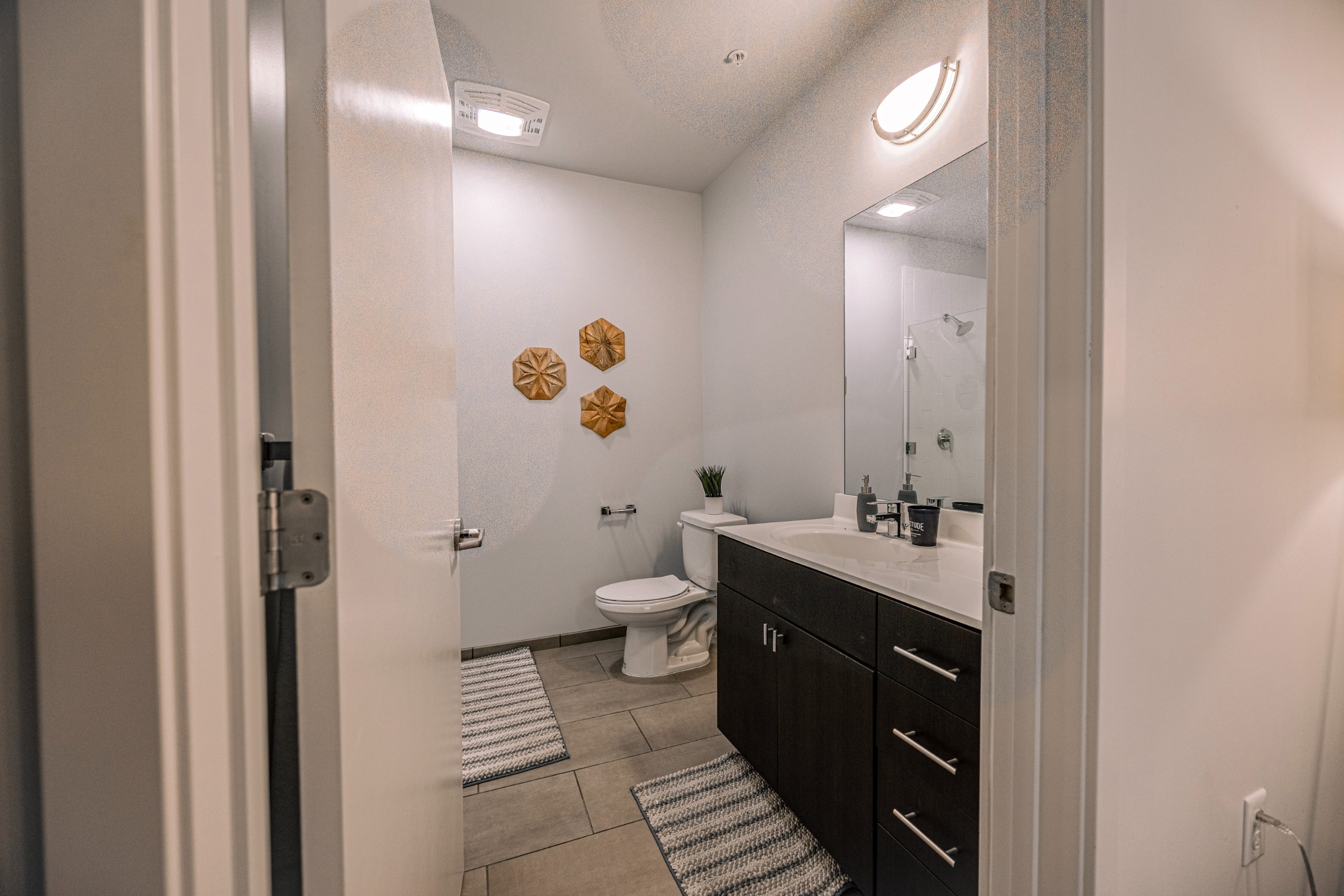 Model private bathroom with oversized vanity at Latitude Lincoln